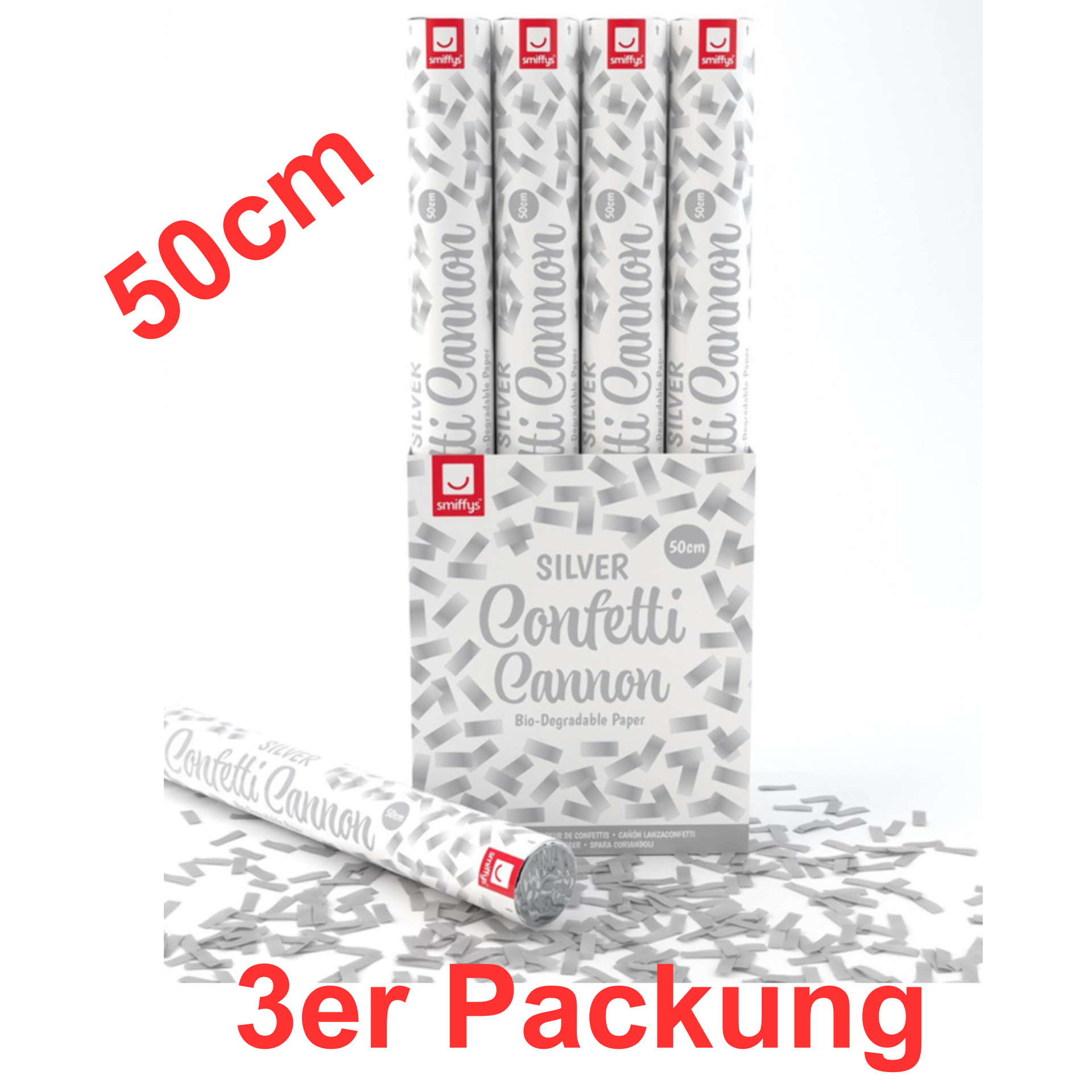 3er Packung Silber Konfetti Shooter 50cm bio abbaubares Papier