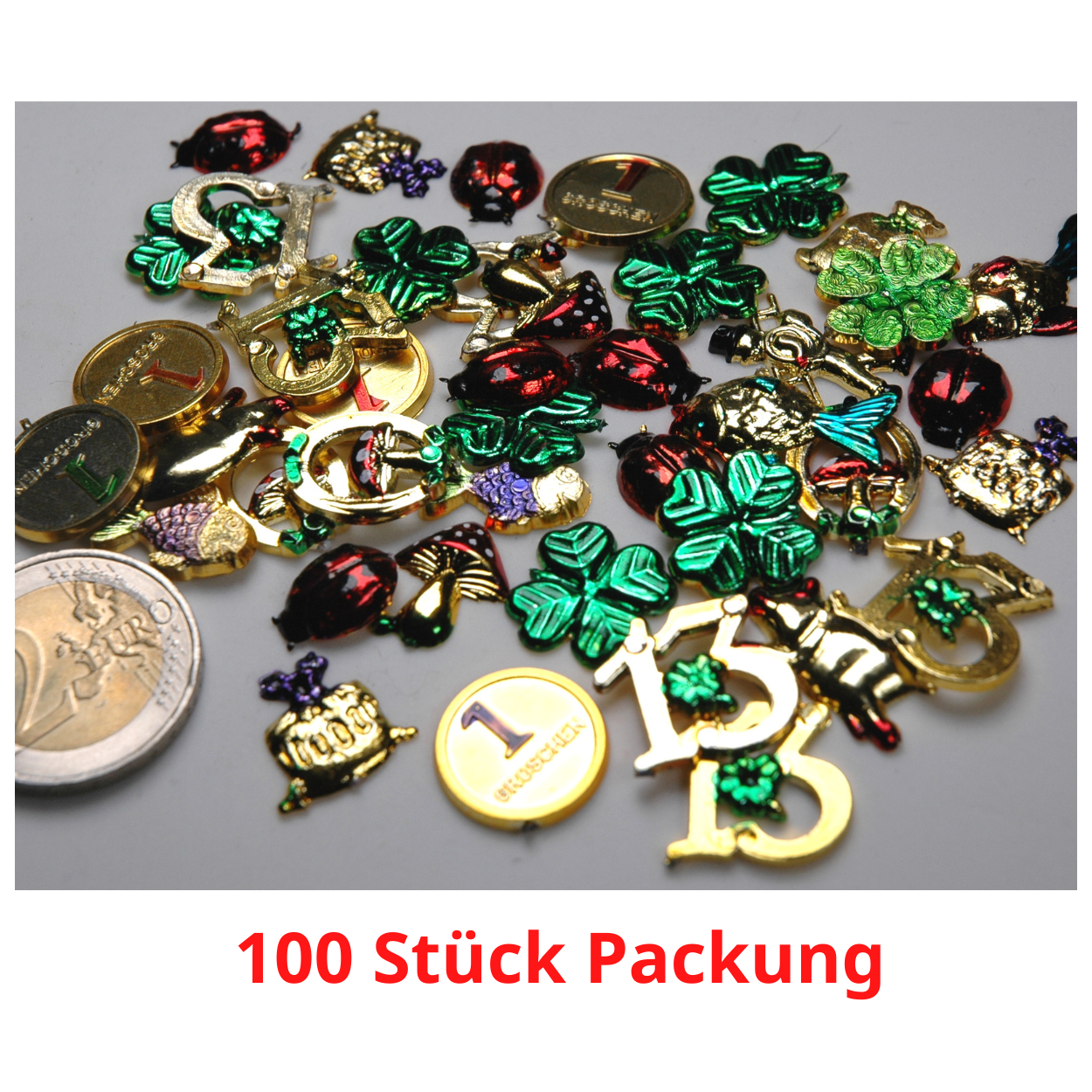 100er Packung Naujahr Glücksbringer gold verschiedene Motive
