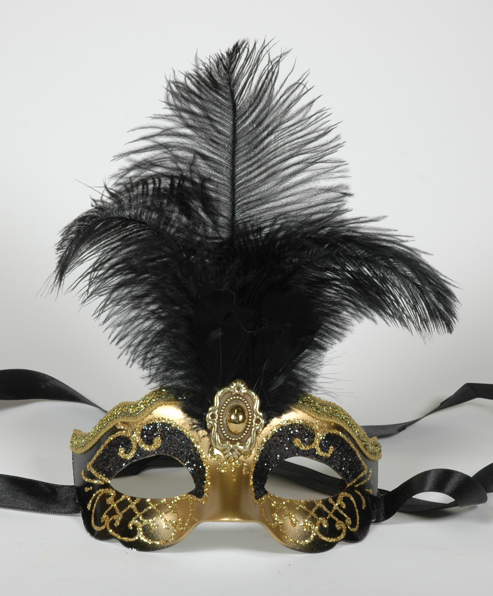 Venezianische Maske klein mit Federn schwarz-gold Decor Star