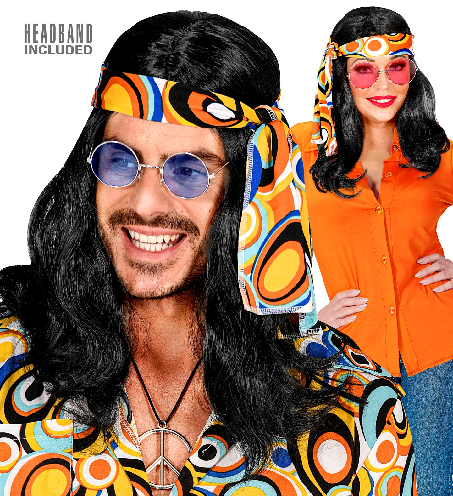 Langhaar Hippi Perücke schwarz mit Stirnband