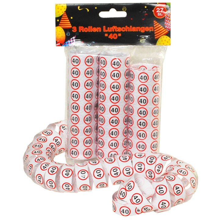 3er Pkg. Luftschlangen rot-weiß 40er Geburtstag