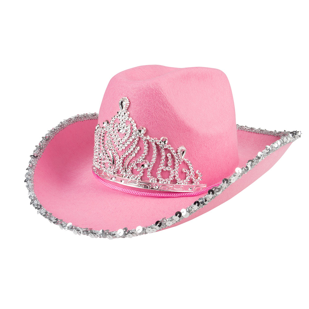 Rosa Cowboy Hut mit silber Diadem und Pailletten Deko