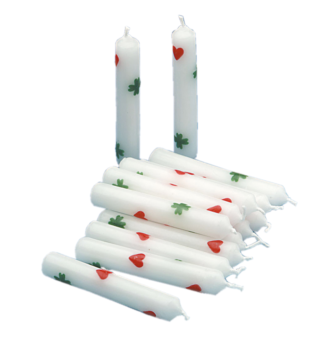 6er Pkg. Geburtstagskerzen weiß mit Herzen/Kleeblätter