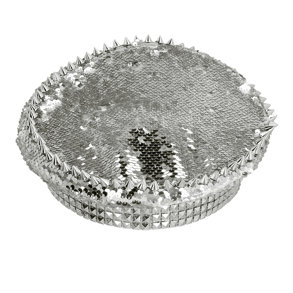 Silber Pailletten Schirmkappe mit Glitzer Steinen und Nieten Verzierung