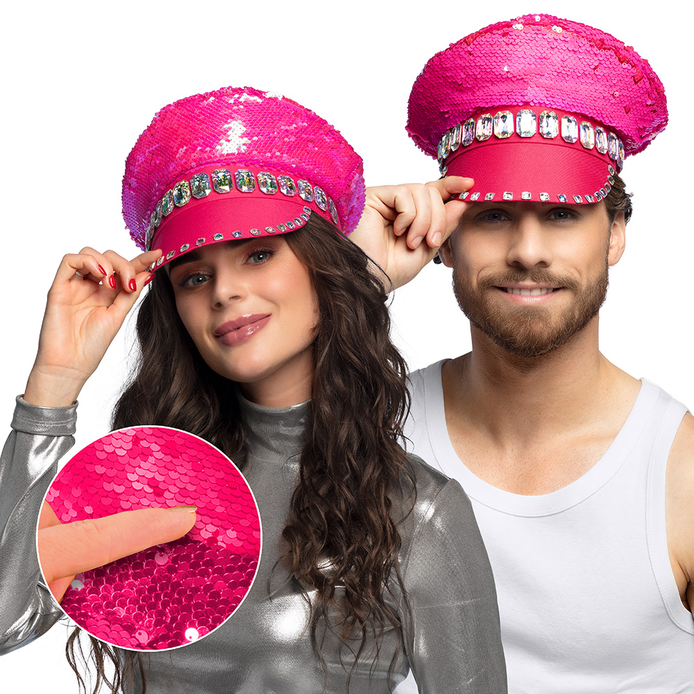 Rosa Pailletten Schirmkappe mit Glitzer Steinen