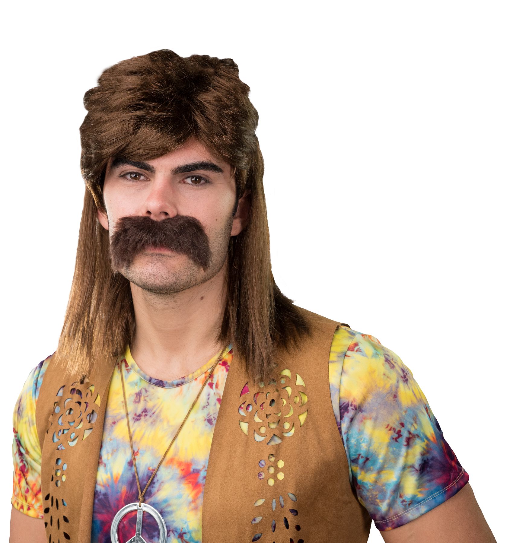 80er Jahre Herrenperücke lang m.Bart braun