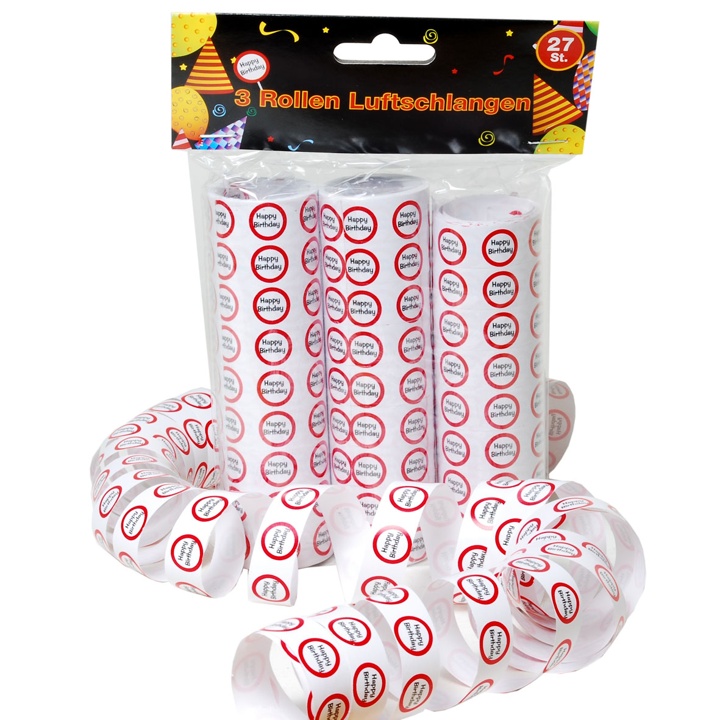 3er Pkg. Luftschlangen "Happy Birthday"  rot-weiß