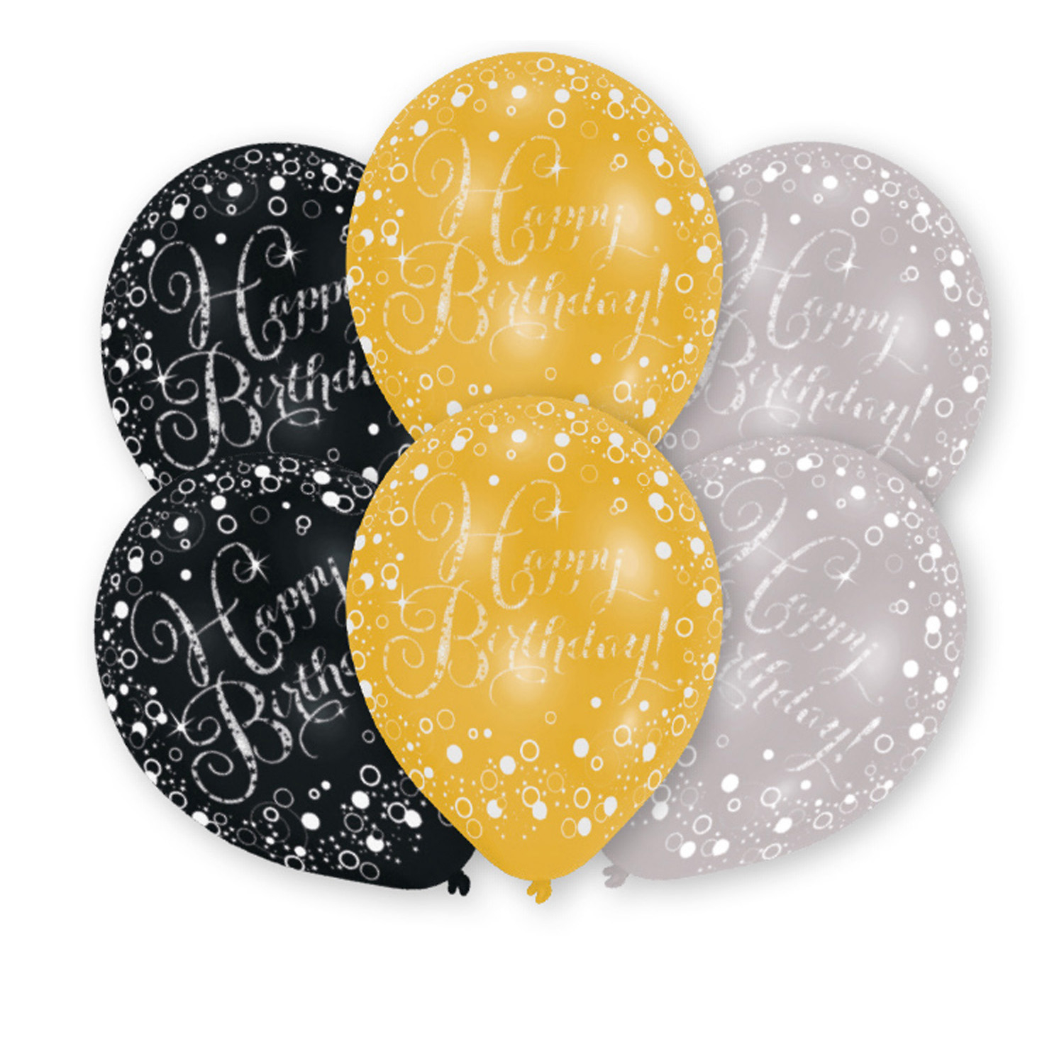 6 Stück Luftballons  Happy Birthday gold/silber/schwarz