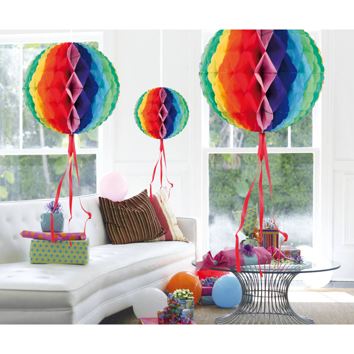 Deko Set 3 Wabenbälle in Regenbogen Farben