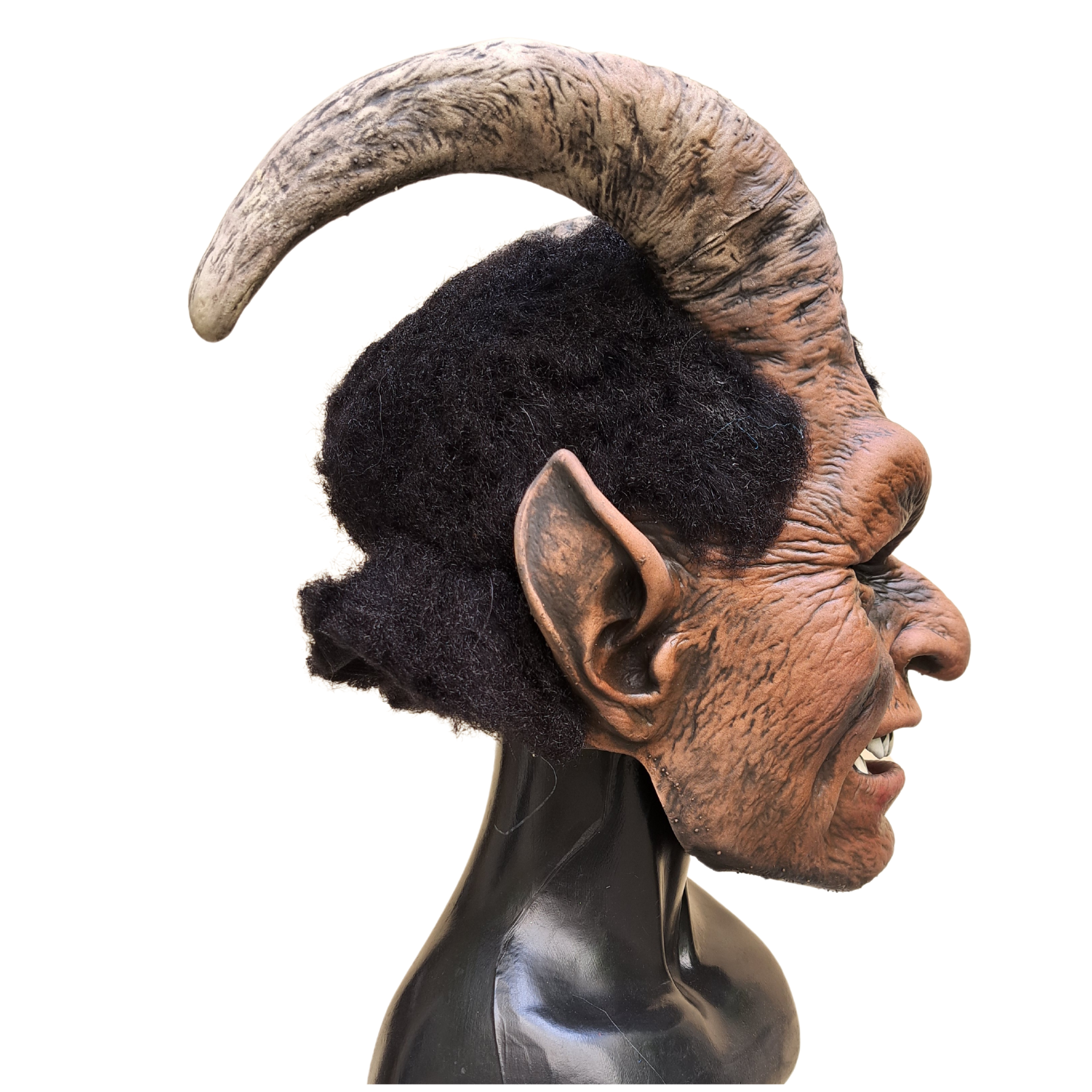 Krampus Maske natur-braun mit schwarzen Plüsch Haar