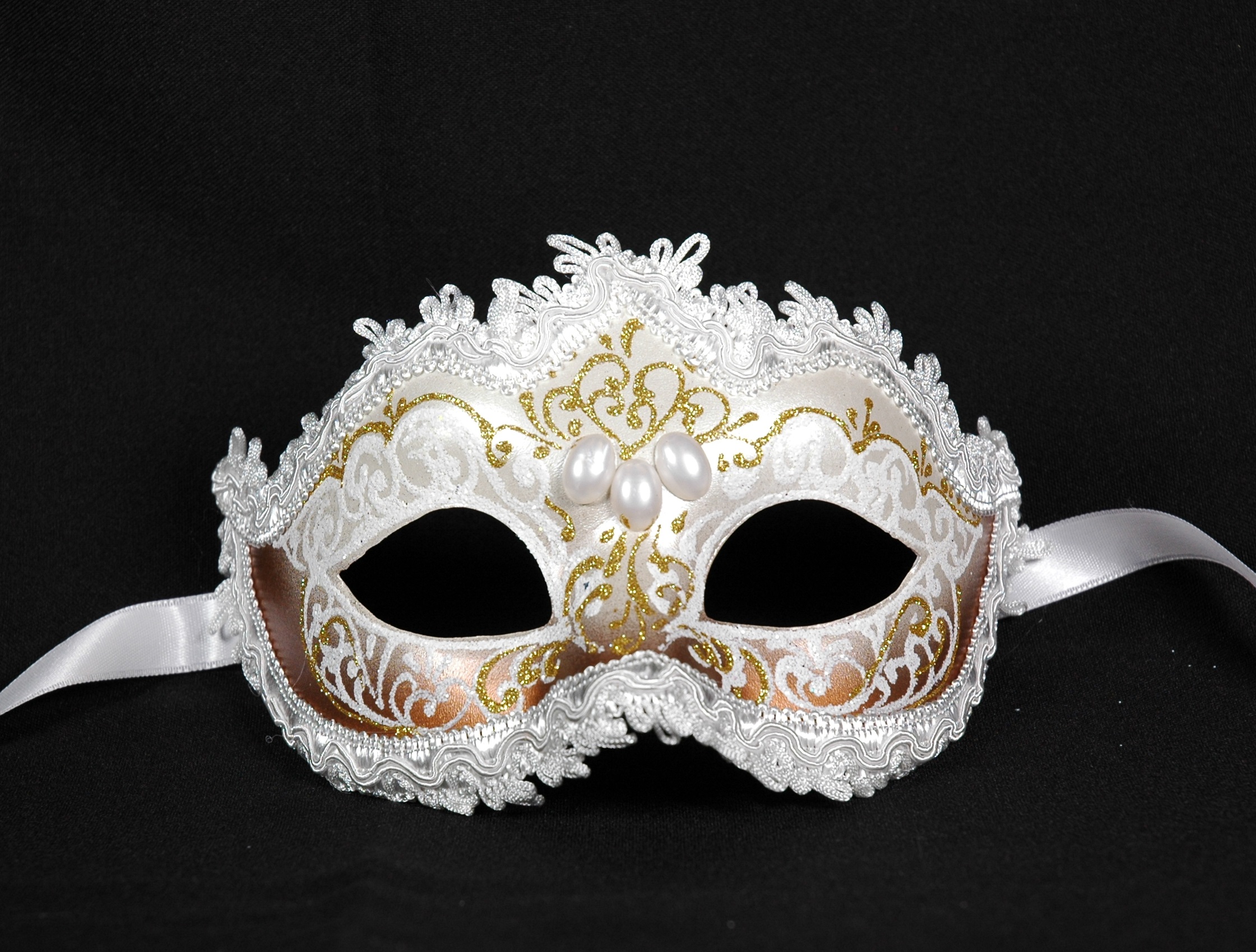 Venezianische Maske Columbine Punta "tenue" weiß-gold