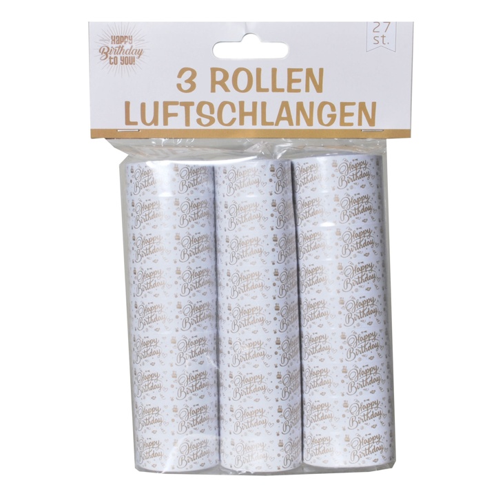 3er Pkg. Luftschlangen "Happy Birthday" weiß-gold