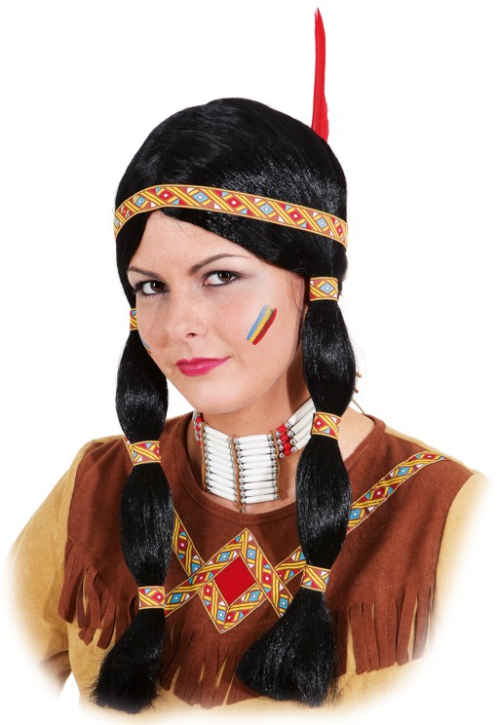 Indianerin Perücke mit Zöpfen, Stirnband und Feder