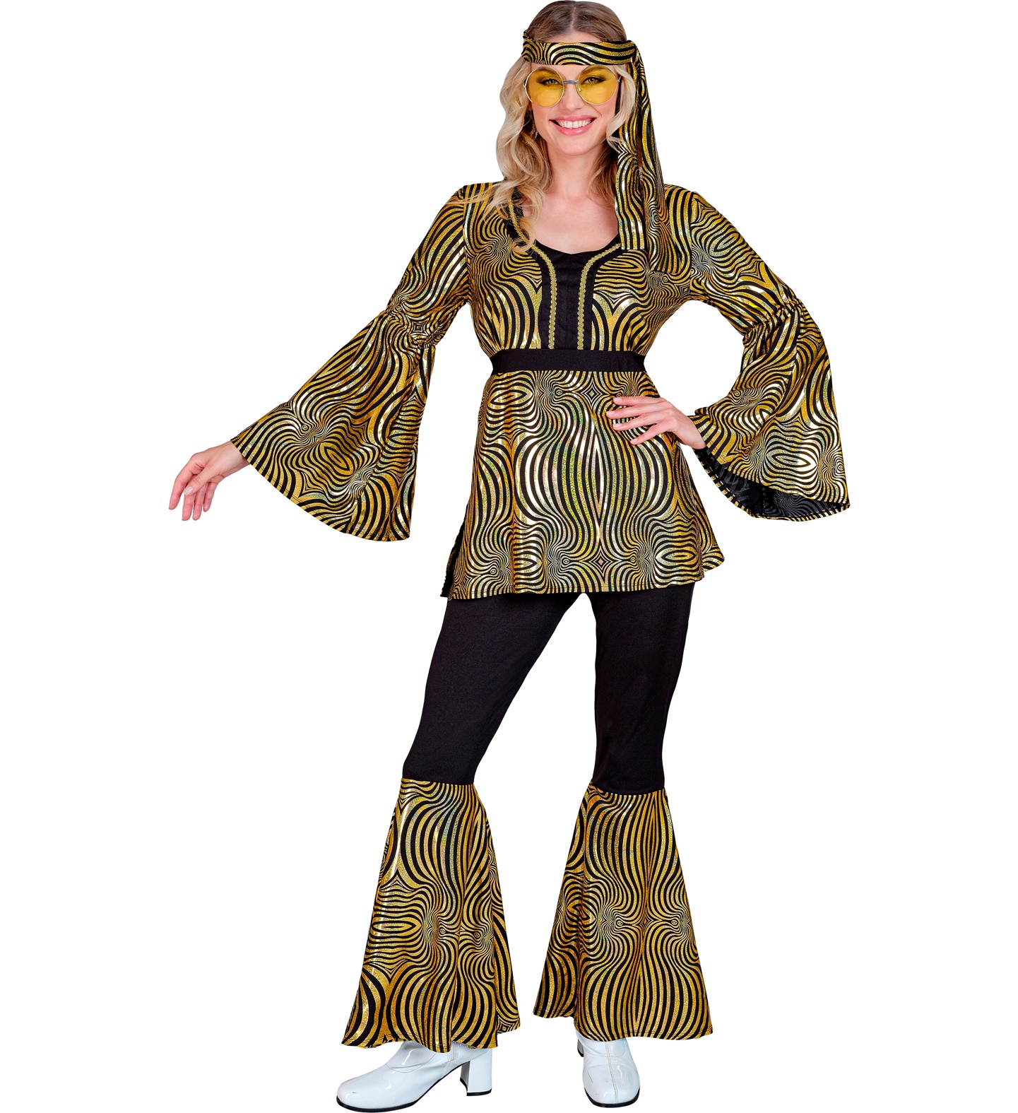 70er Disco Oberteil, Hose, Stirnband LARGE gold-waves