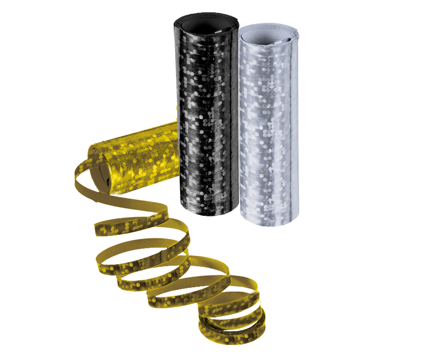 3er Pkg. Luftschlangen 4m Hologramm schw./gold/silber