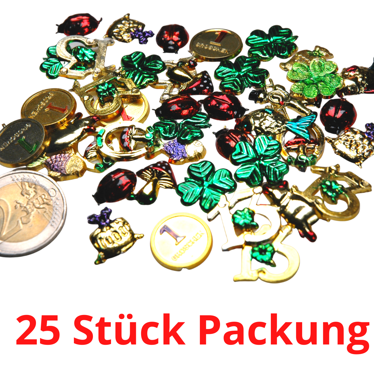 25er Packung Glücksbringer gold verschiedene Motive