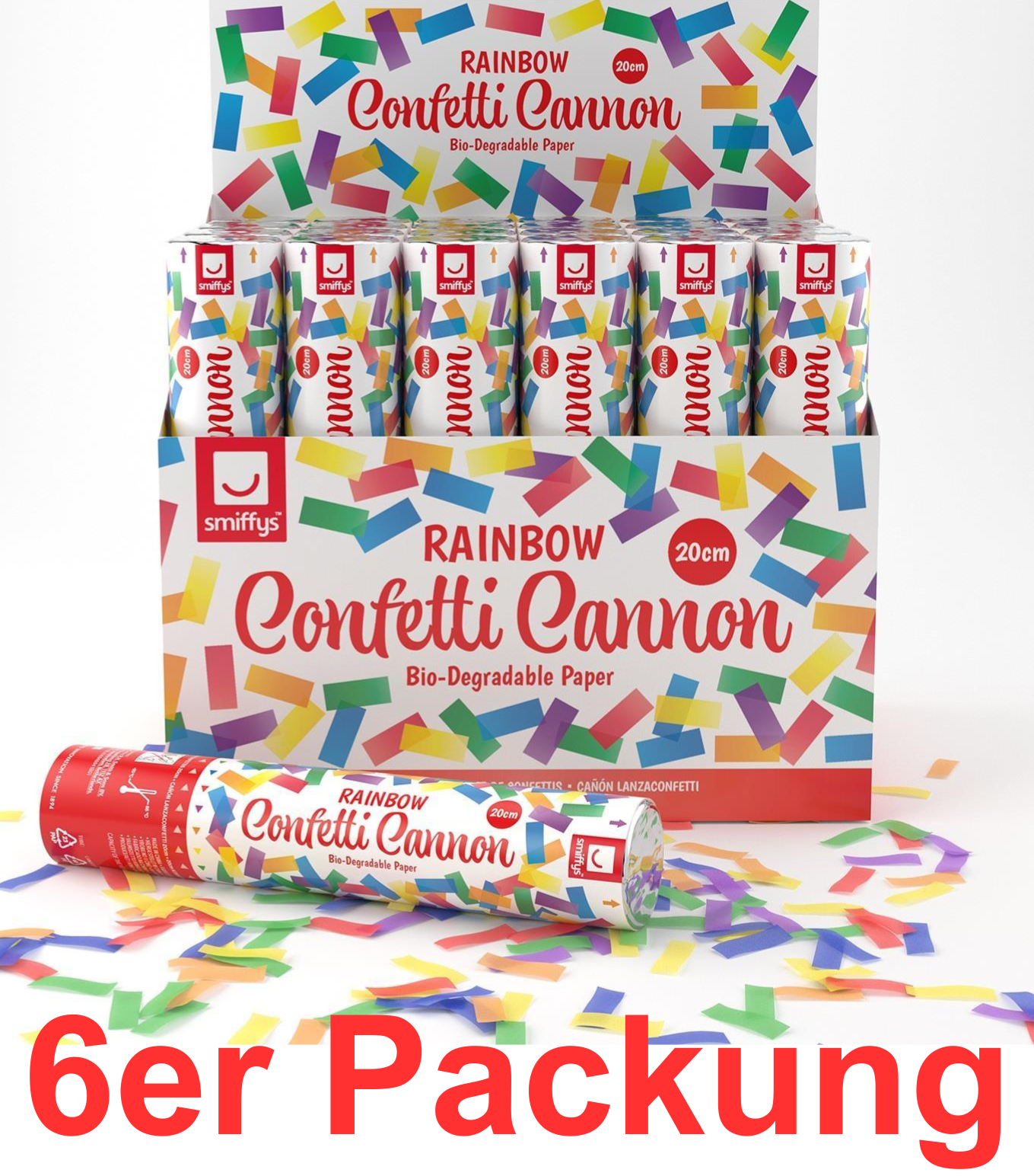 6er Packung Konfetti Kanone Rainbow 20cm bio abbaubares Papier