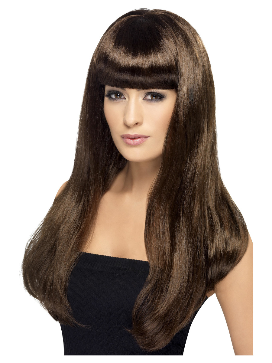 Langhaar Perücke braun mit Stirnfransen
