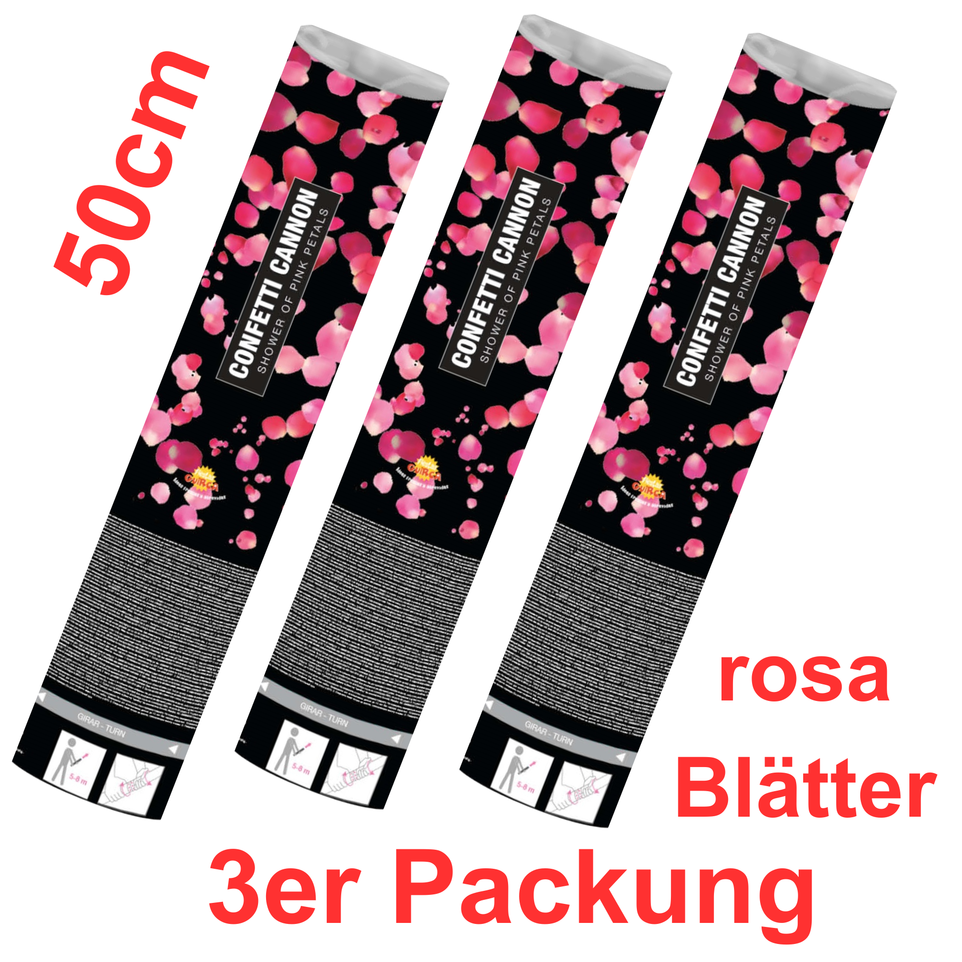 3er Packung Konfetti Shooter mit Rosenblätte 50cm pink