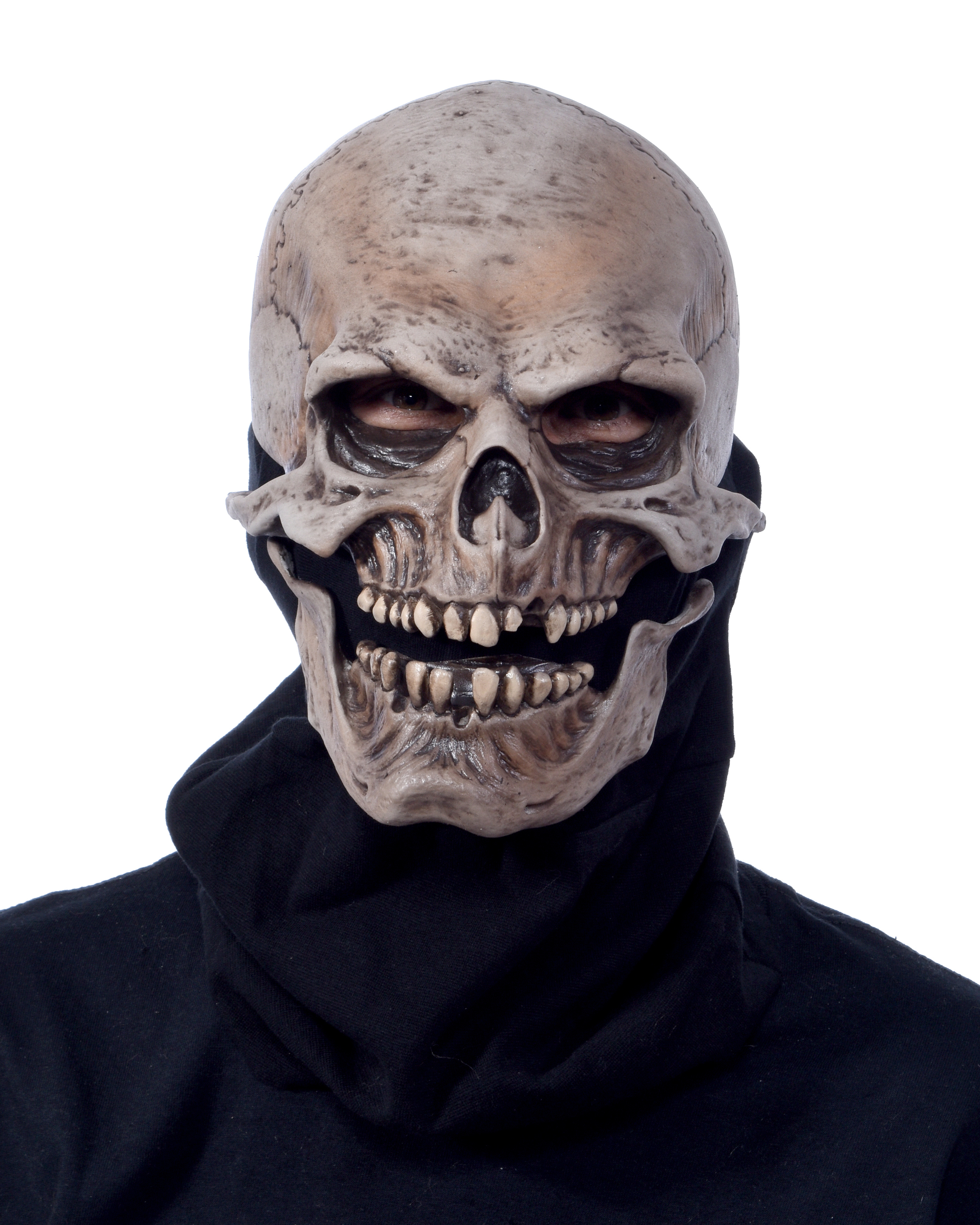 Totenkopf Maske Latex - Rückseite schwarze Textil Haube beeglicher Kiefer