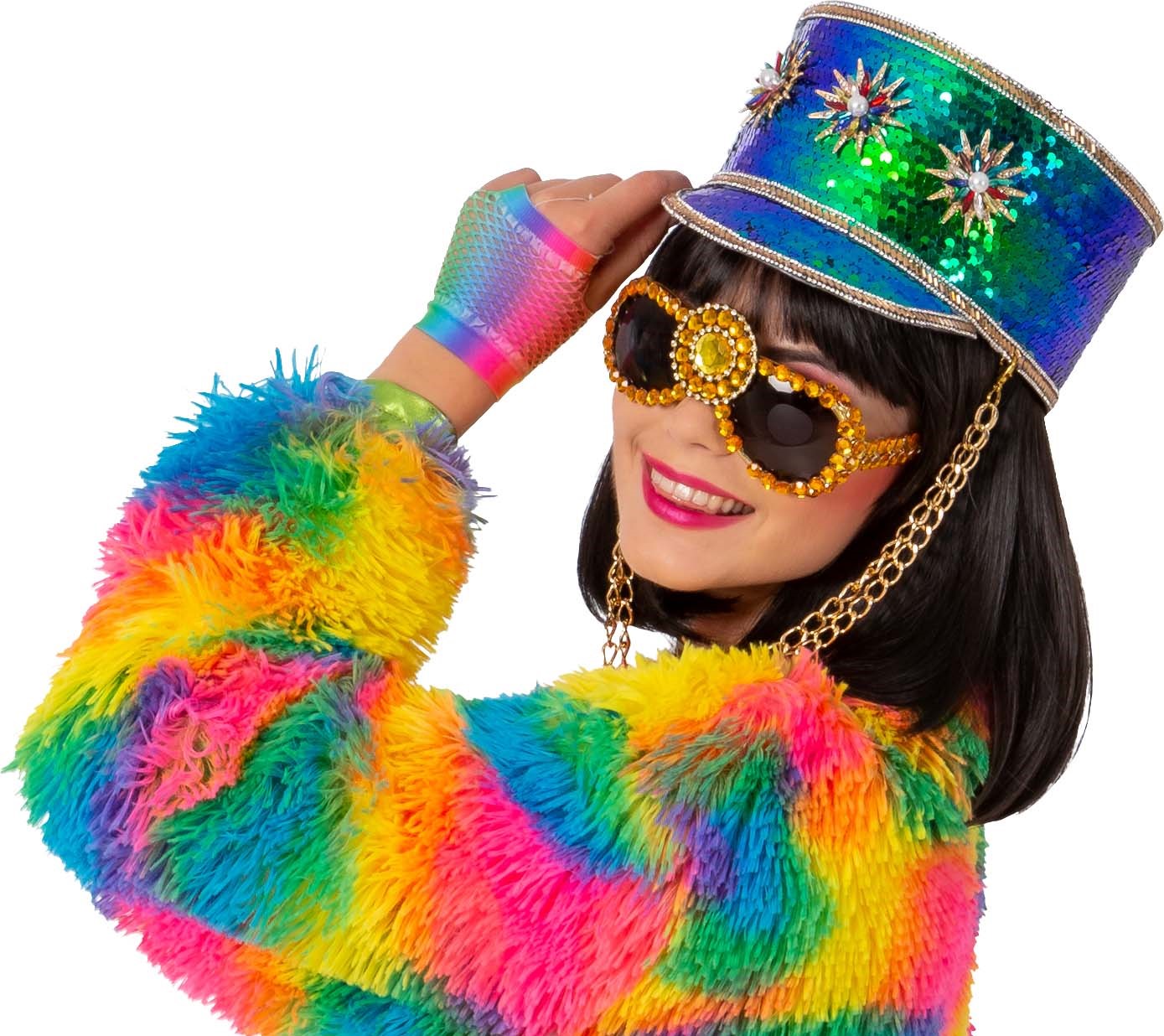 Schirmkappe mit Pailletten blau/grün mit Kette  Gr.59