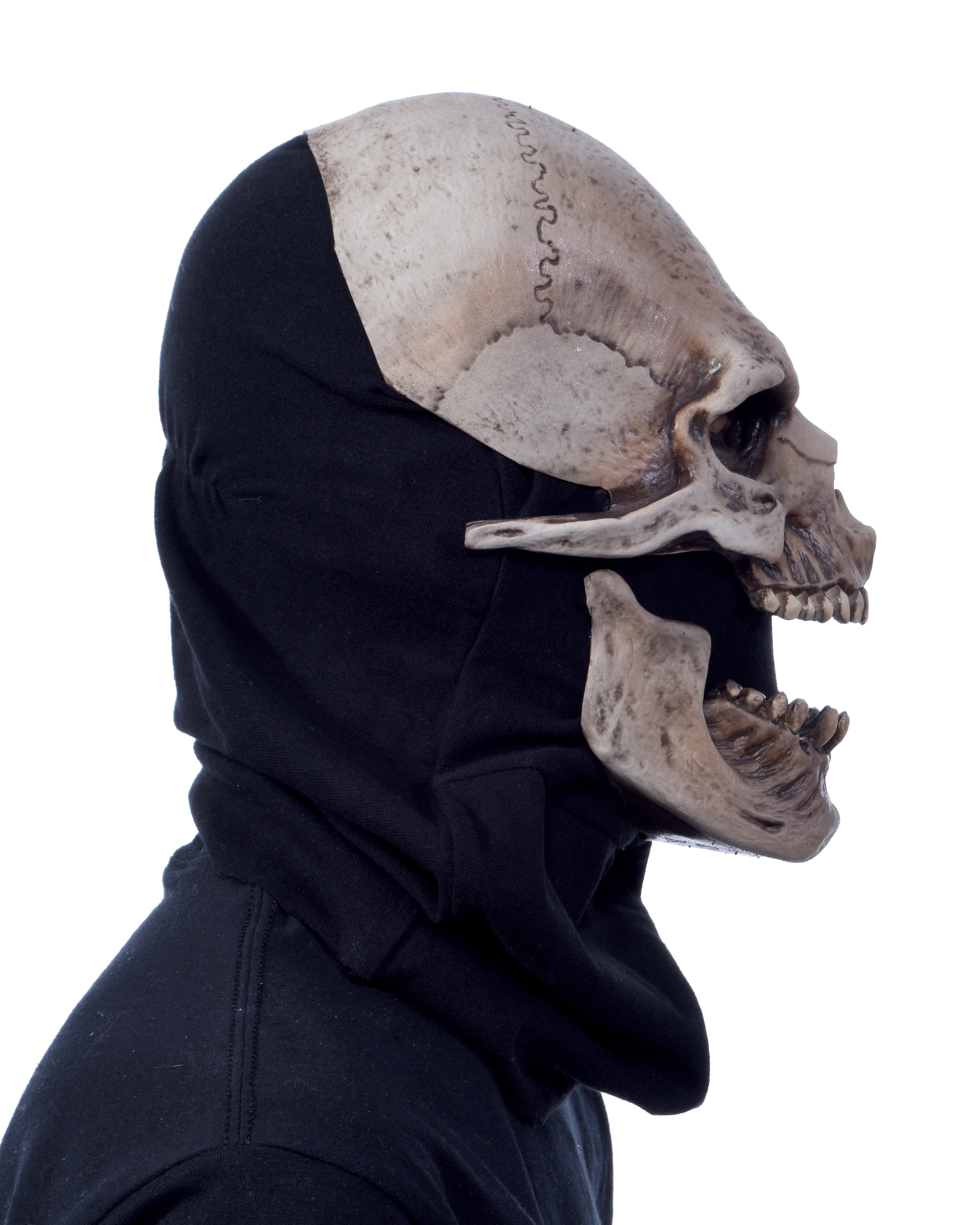 Totenkopf Maske Latex - Rückseite schwarze Textil Haube beeglicher Kiefer
