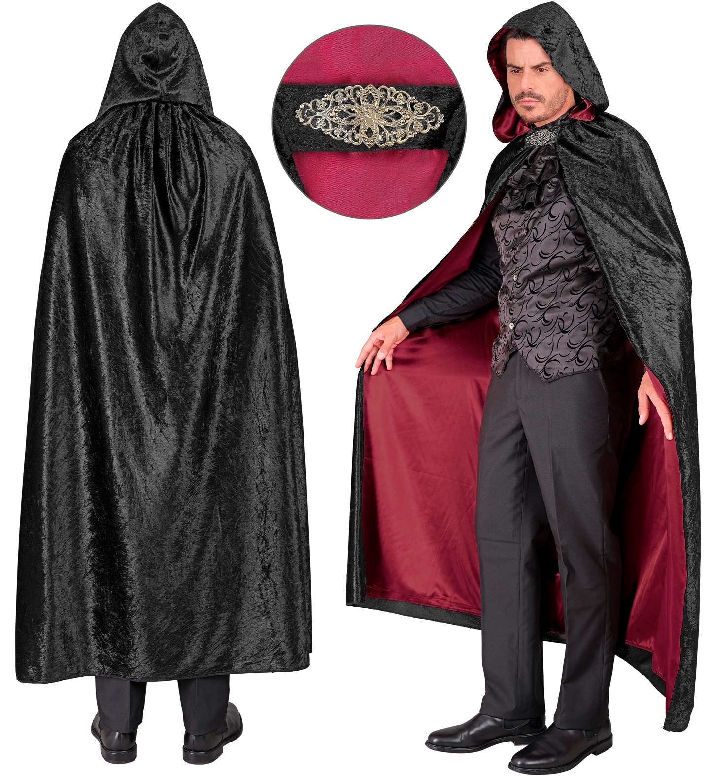 Schwarzer Samt Umhang mit rotem Innenfutter ca. 140cm