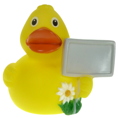Info Badeente 8cm mit grauem Schild