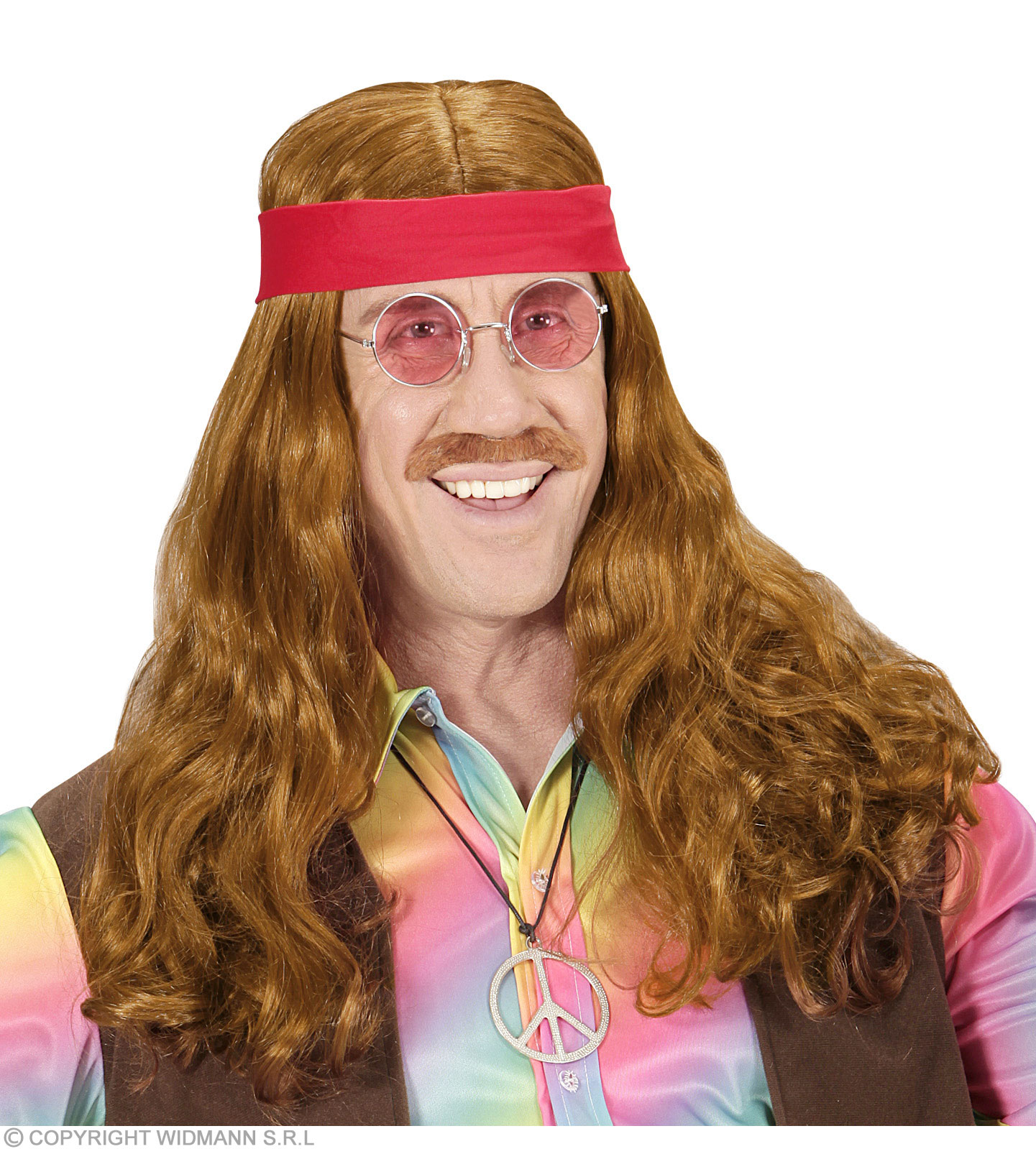 Langhaar Hippi Perücke braun mit Stirnband rot und Bart