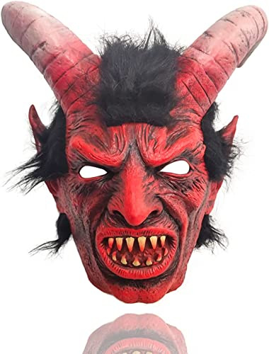 Krampus Maske rot mit großen Hörnern und Plüschhaar