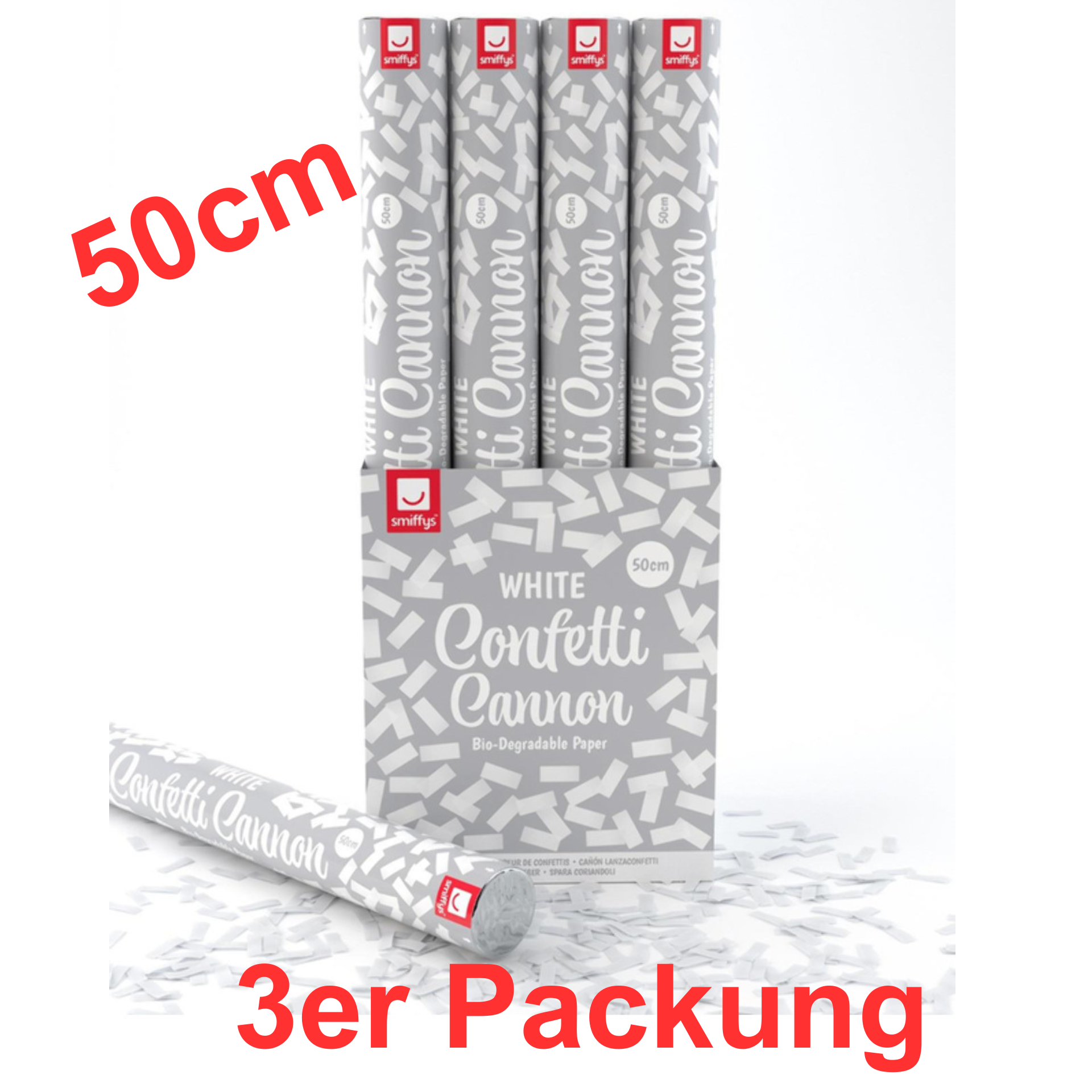 3 Stück weisse Konfetti Kanonen 50cm bio abbaubares Papier