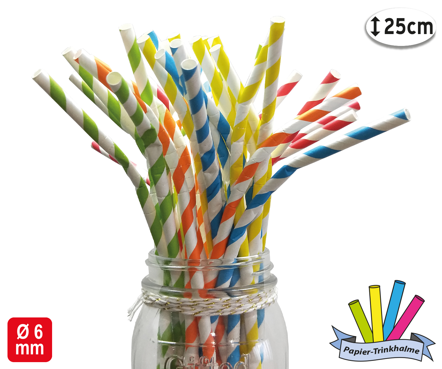 Papier Strohhalm gestreif 25 Stk.  D:6mm  25cm lang
