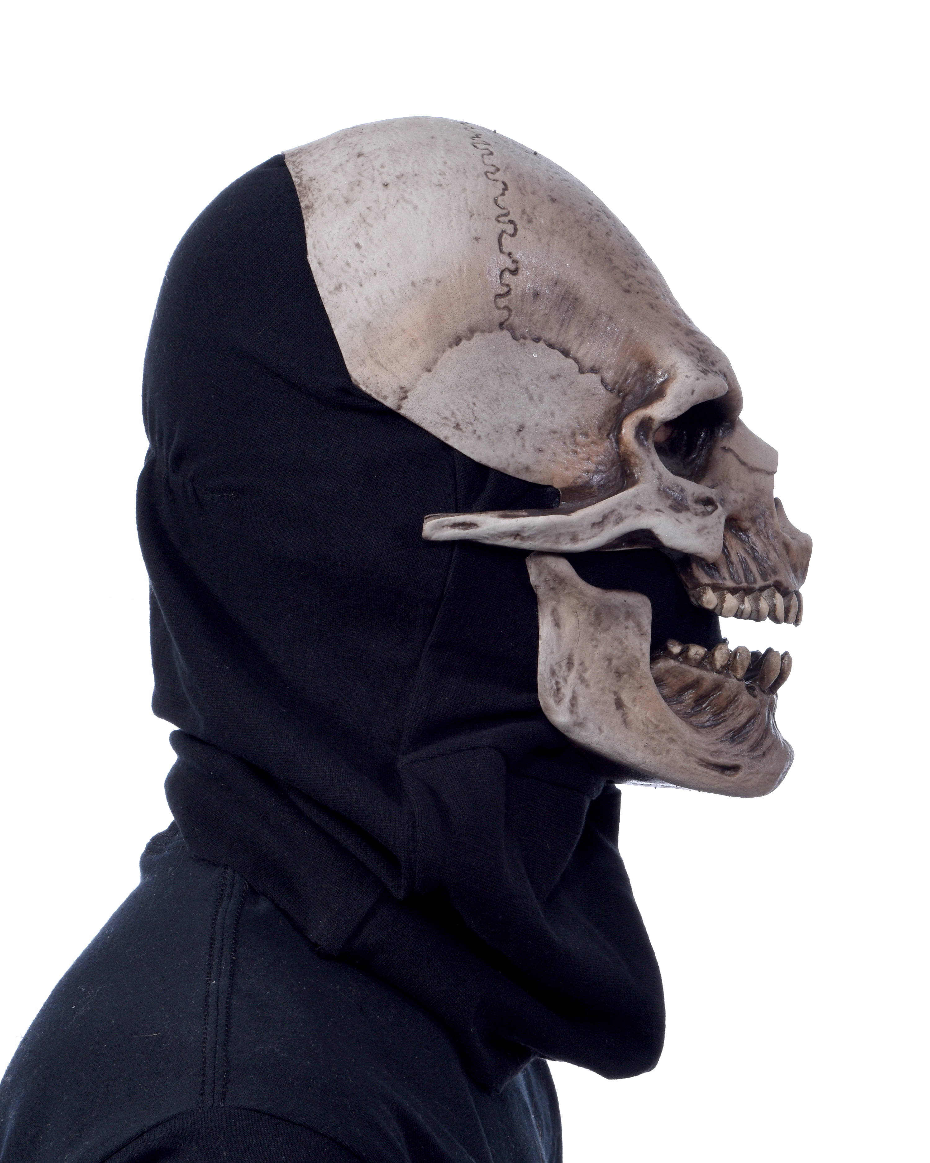 Totenkopf Maske Latex - Rückseite schwarze Textil Haube beeglicher Kiefer