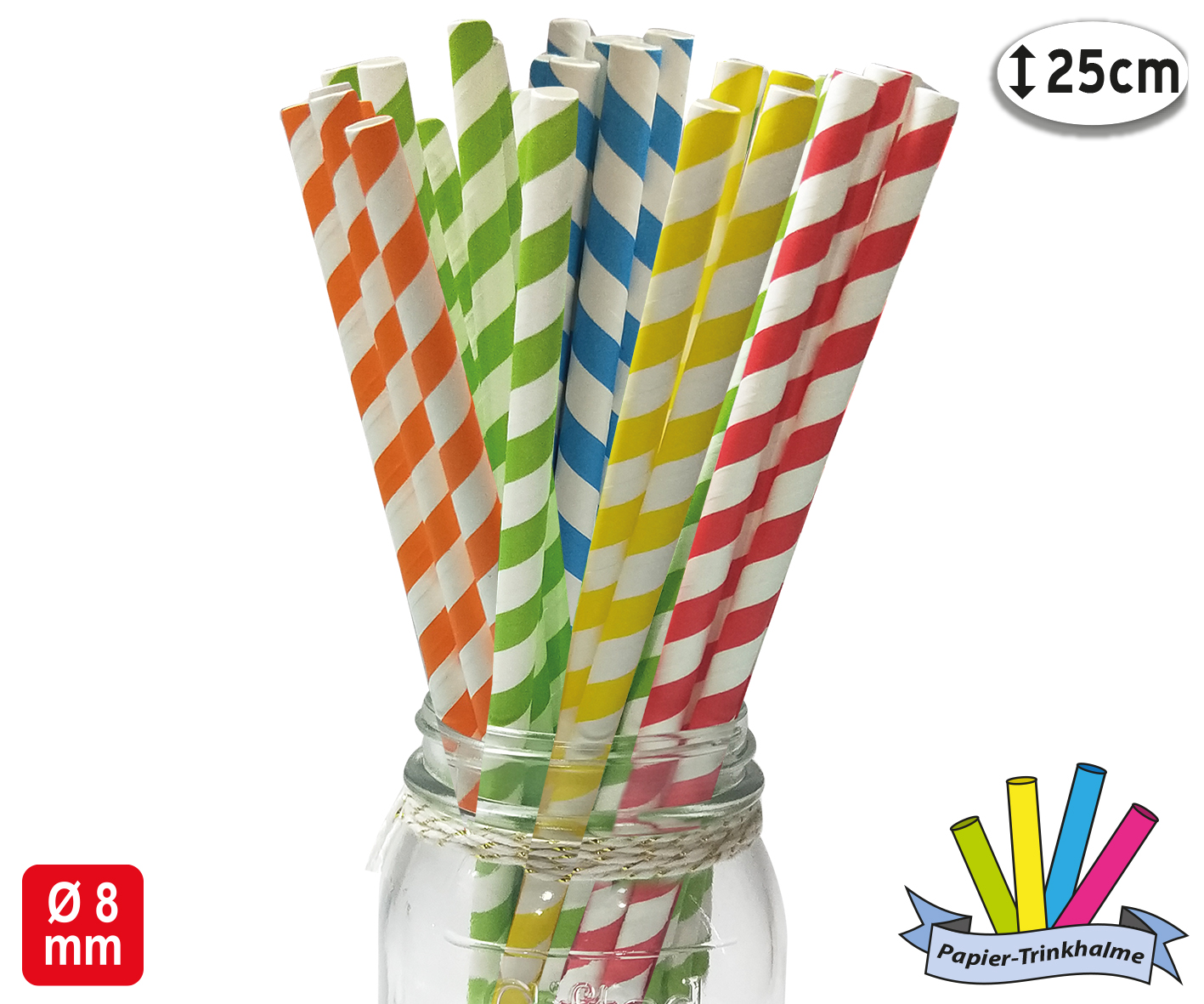 Papier Strohhalm gestreif 25 Stk.  D:8mm  25cm lang
