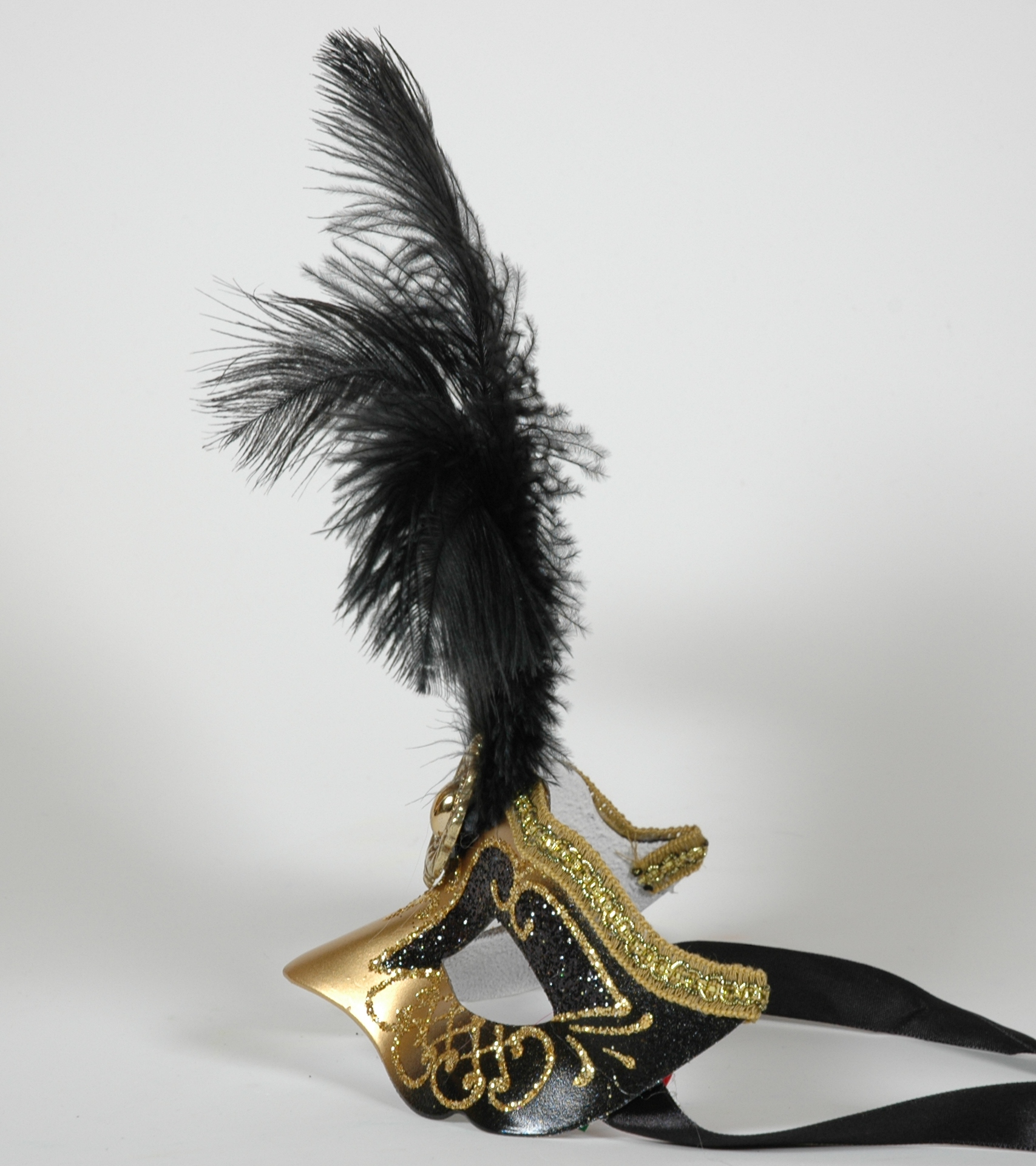 Venezianische Maske klein mit Federn schwarz-gold Decor Star