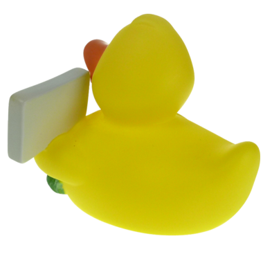 Info Badeente 8cm mit grauem Schild