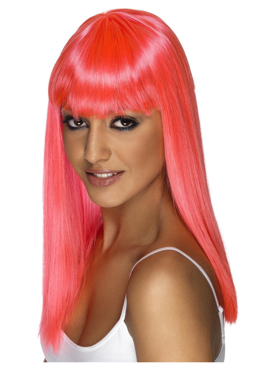 Neon-Pink Langhaar Perücke mit Stirnfransen