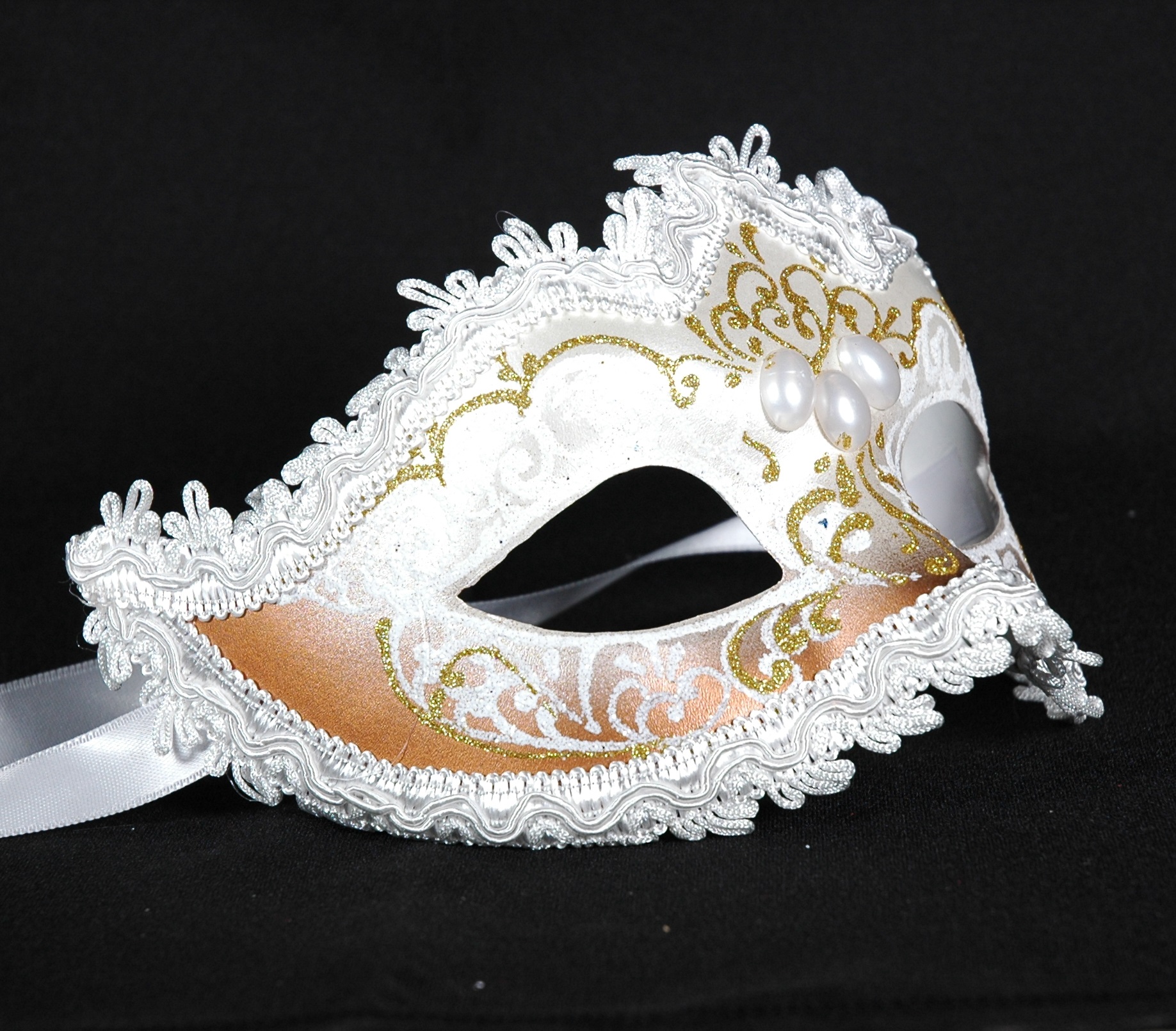 Venezianische Maske Columbine Punta "tenue" weiß-gold