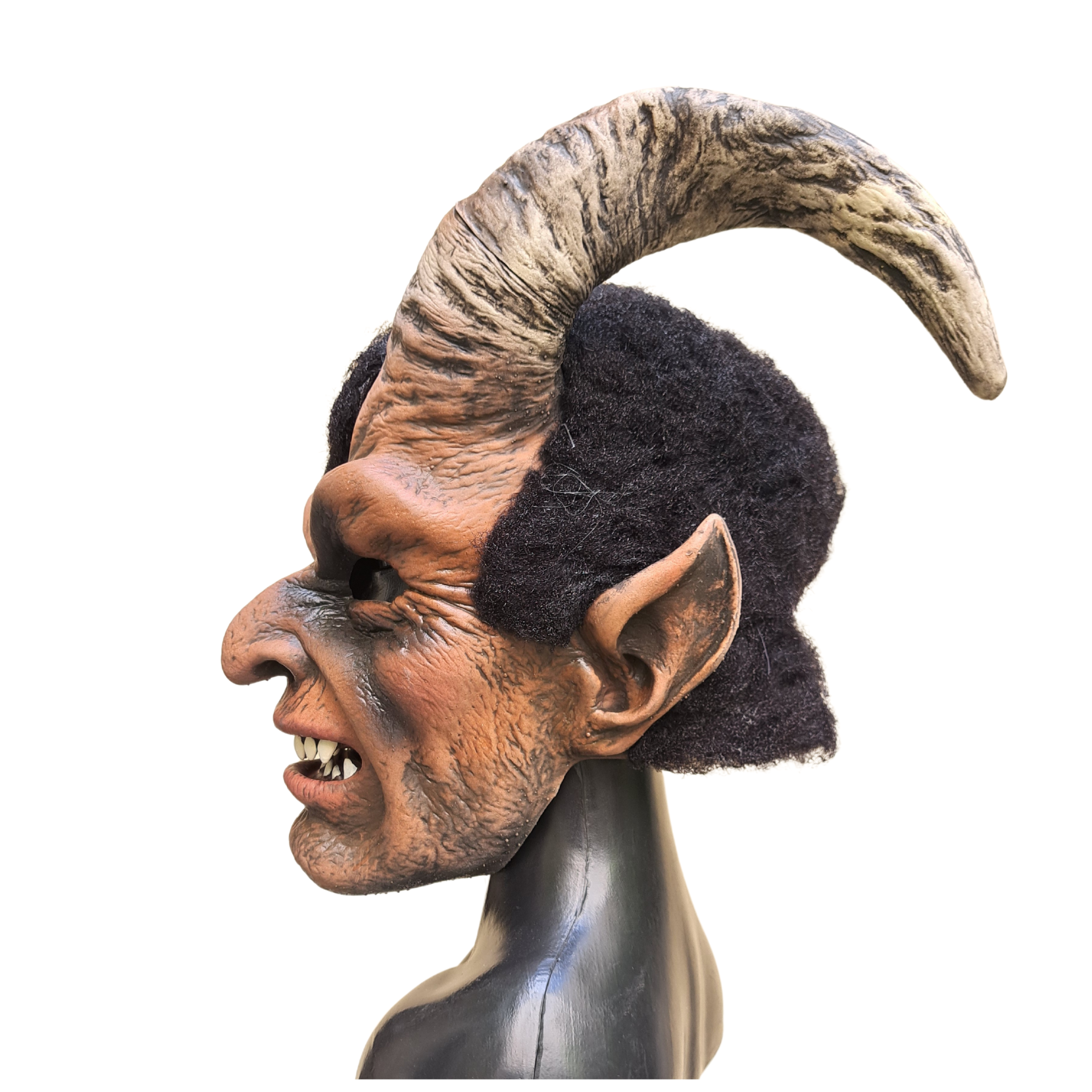 Krampus Maske natur-braun mit schwarzen Plüsch Haar