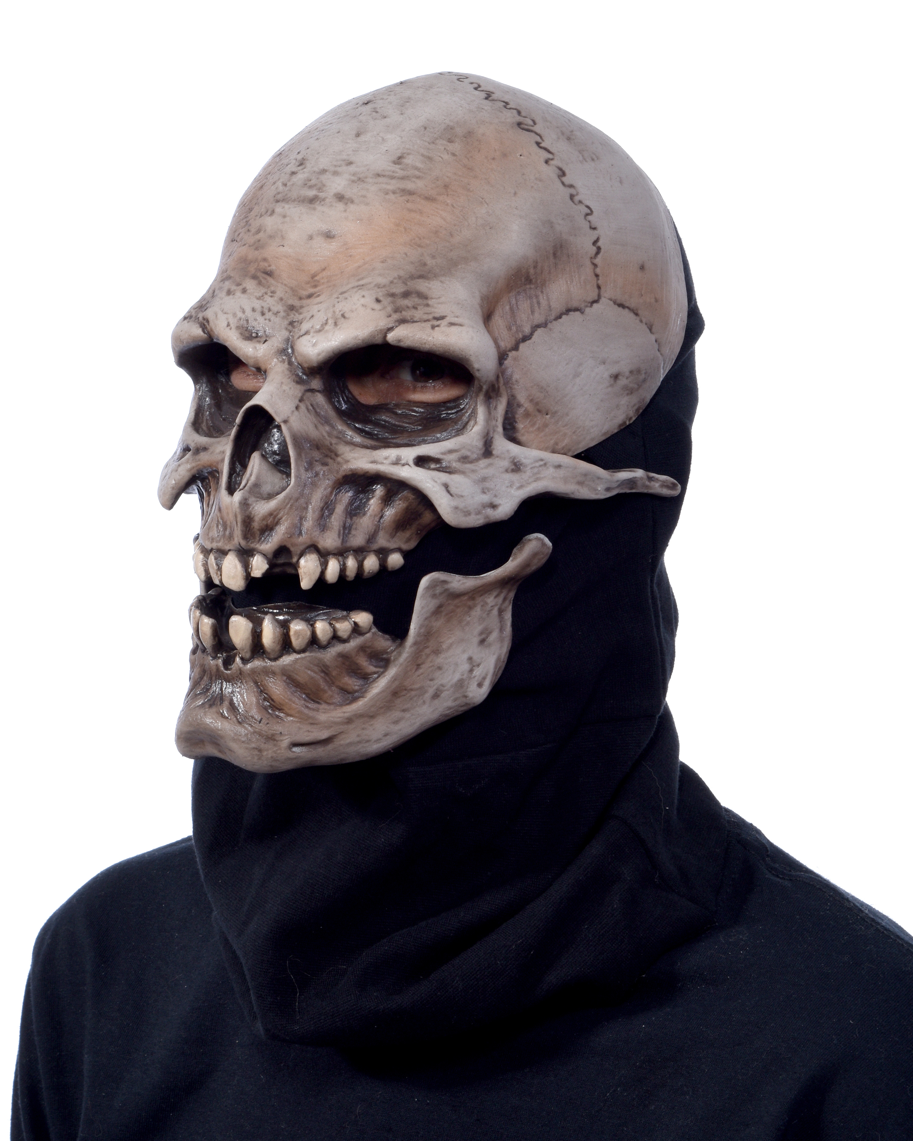 Totenkopf Maske Latex - Rückseite schwarze Textil Haube beeglicher Kiefer